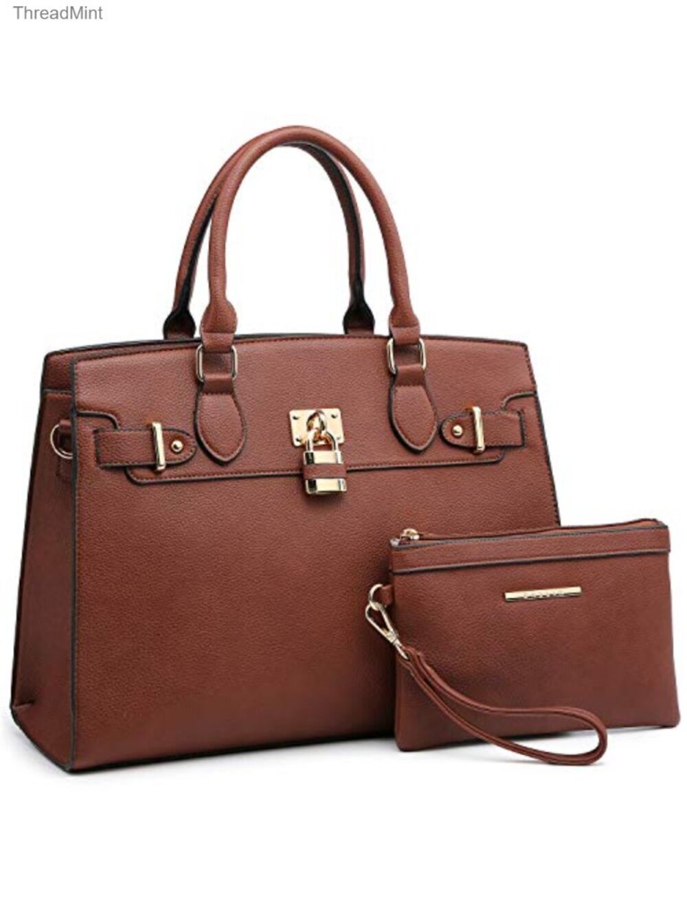 Vegan Leather Satchel Tote with Clutch, Work Handbag Gold Hardware